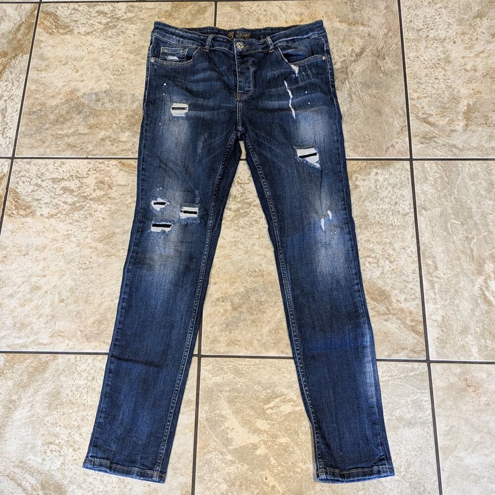 Mania Jeans Premium Women 31 Skinny Blue Denim 34x31 Ankle Distressed Button Fly